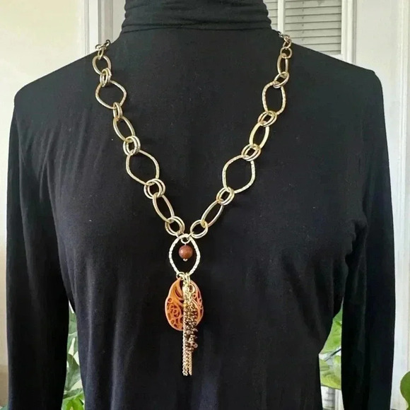 Chico's Gold Tone Long Circle Oval Chain Link Statement Necklace Y Chain - Picture 1 of 6